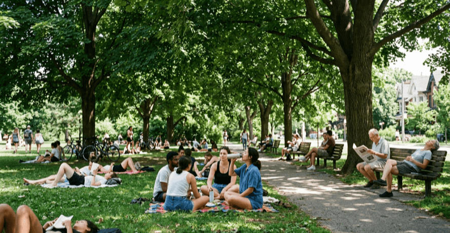 Beat the heat Toronto guide, a lakefront beach crowded on a hot summer day with the skyline behind