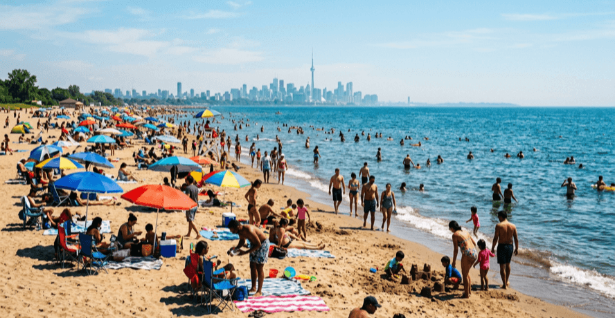 Beat the heat Toronto guide, a lakefront beach crowded on a hot summer day with the skyline behind
