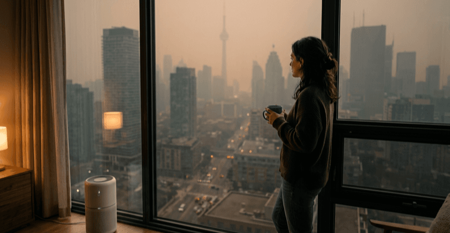 Toronto air quality under a hazy orange sky from wildfire smoke over the GTA skyline