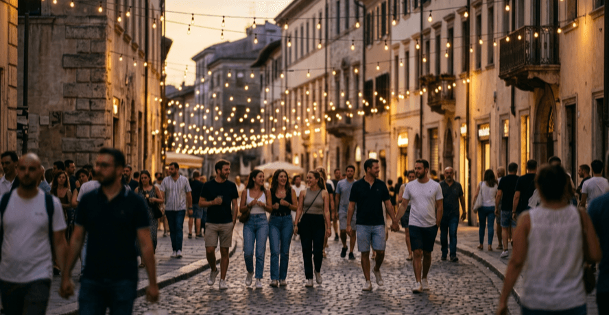 Crowd of people walking a car-free Toronto pedestrian street lined with shops and patios