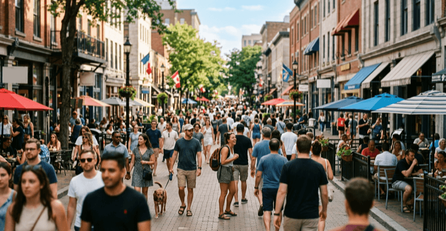 Crowd of people walking a car-free Toronto pedestrian street lined with shops and patios