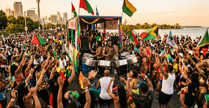 Dancers in colourful feathered costumes at Toronto Caribbean Carnival 2026