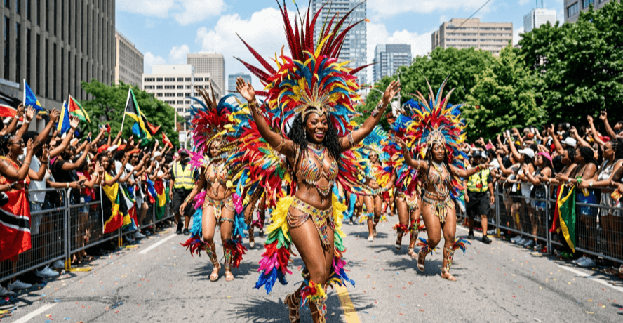 Dancers in colourful feathered costumes at Toronto Caribbean Carnival 2026