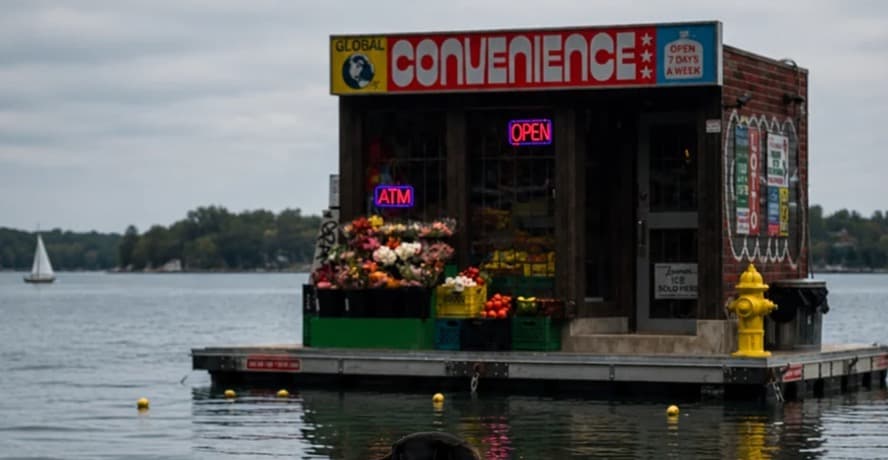 Toronto inconvenience store closing: a floating mock convenience store on the water at Harbourfront.