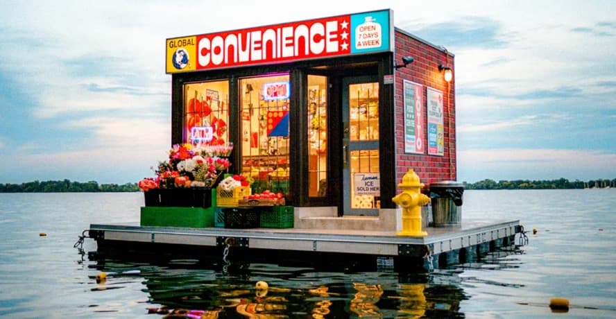 Toronto inconvenience store closing: a floating mock convenience store on the water at Harbourfront.