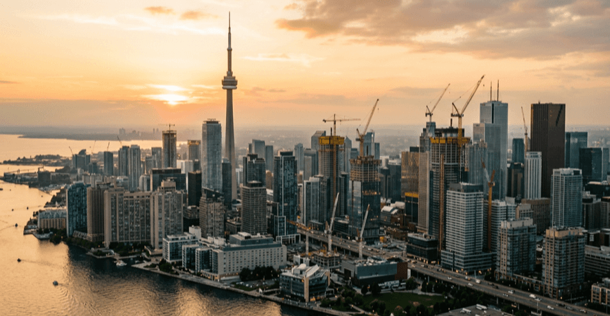 Toronto skyline development 2026 with the CN Tower and clusters of tall condo towers under construction