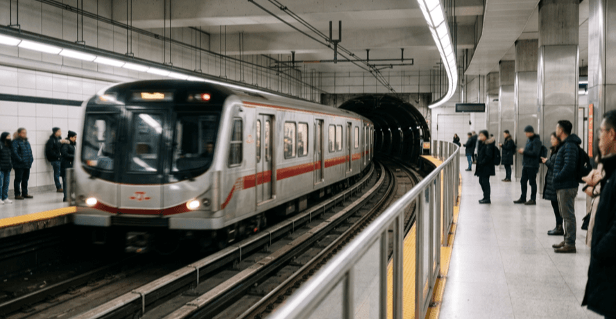 Modern subway train arriving at a Toronto underground platform during TTC closures summer 2026
